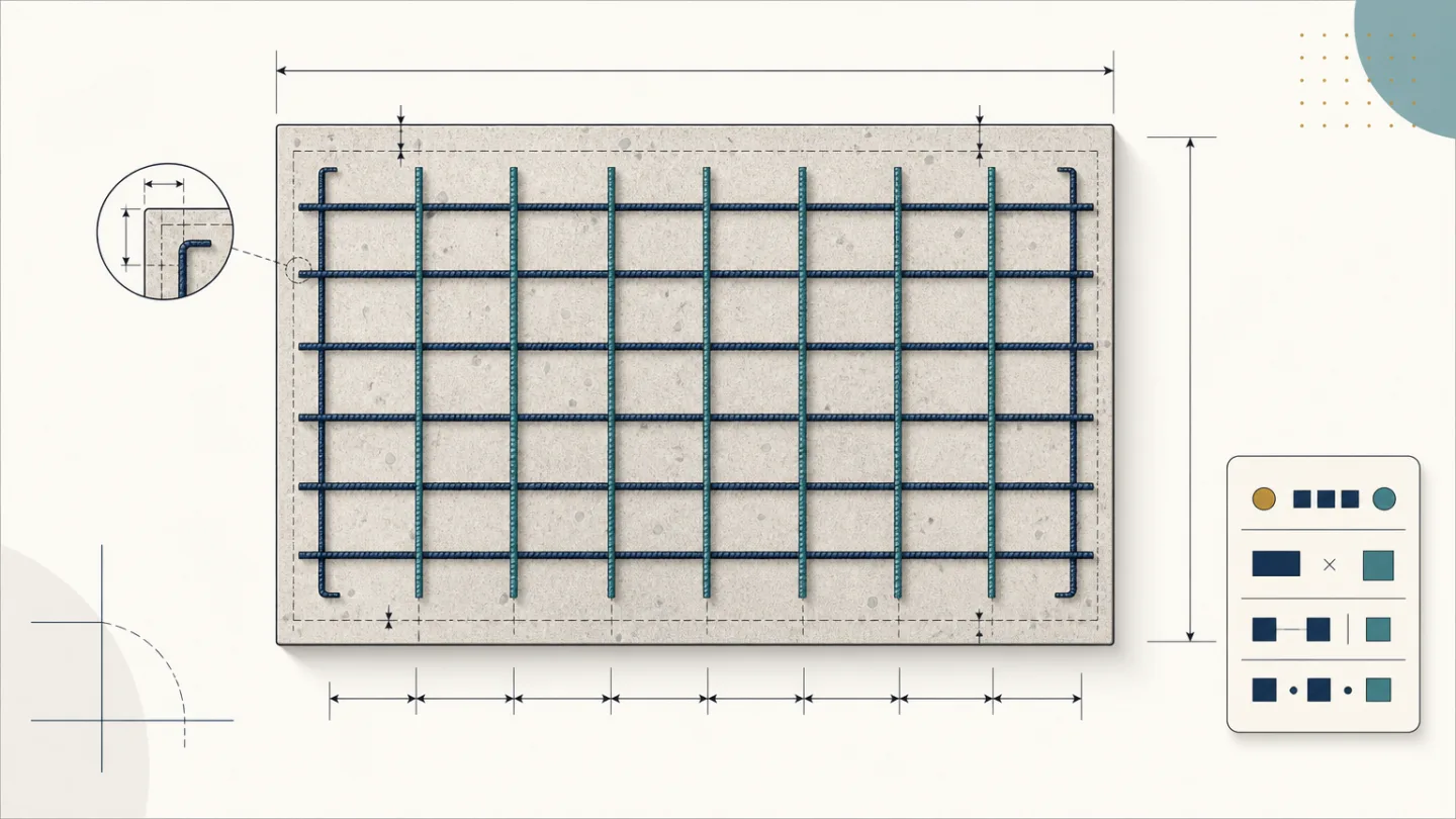 Calcavera diagram of a rectangular rebar grid showing slab dimensions, bar spacing, edge clearances and bars counted in both directions.