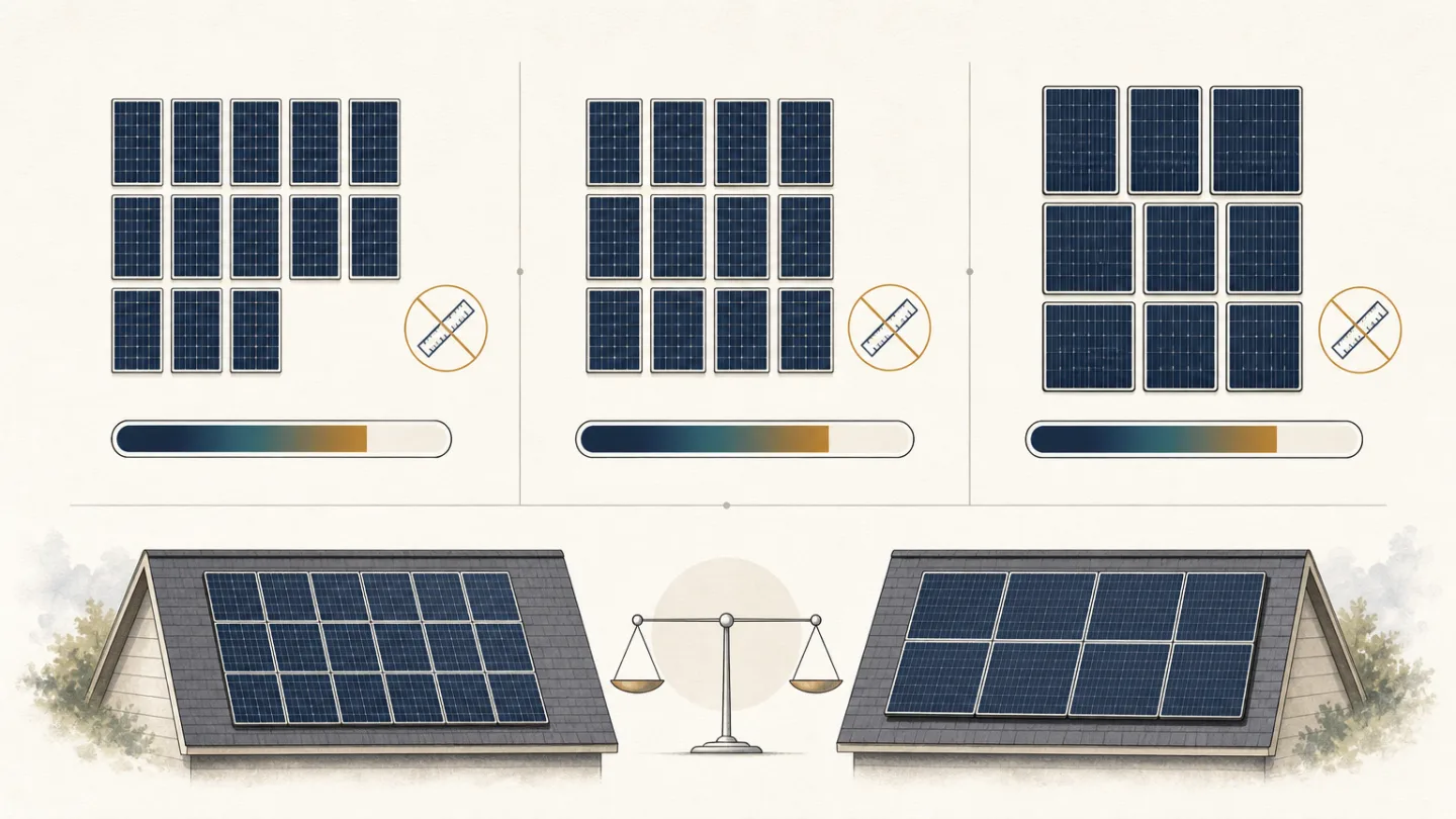 Vergleich von 400-, 450- und 500-W-Solarmodulen mit der Modulzahl für mindestens 5 kW DC-Anlagenleistung.
