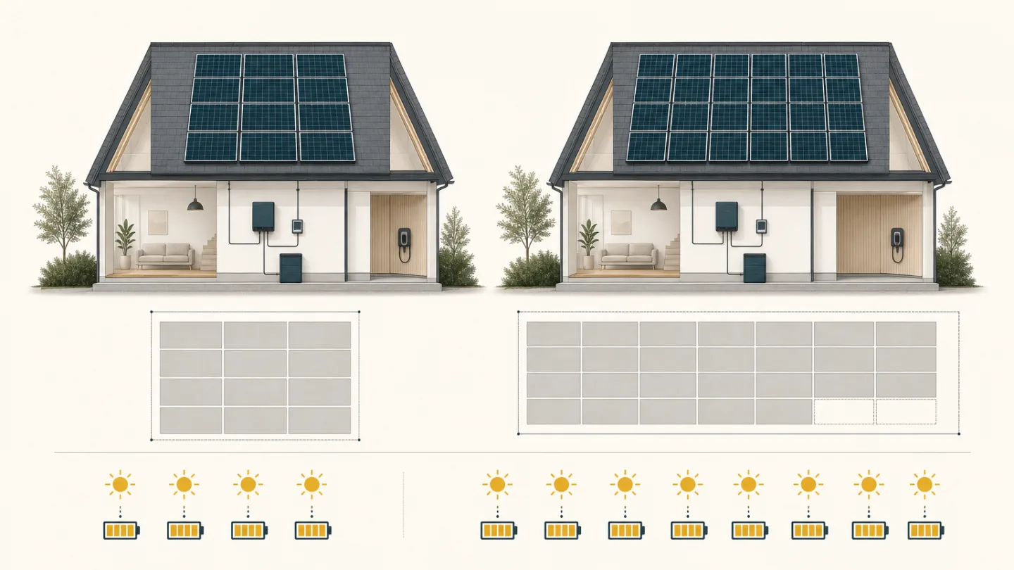 Calcavera comparison of 5kW and 10kW rooftop solar arrays, showing example panel counts, panel footprint and estimated output under identical conditions.