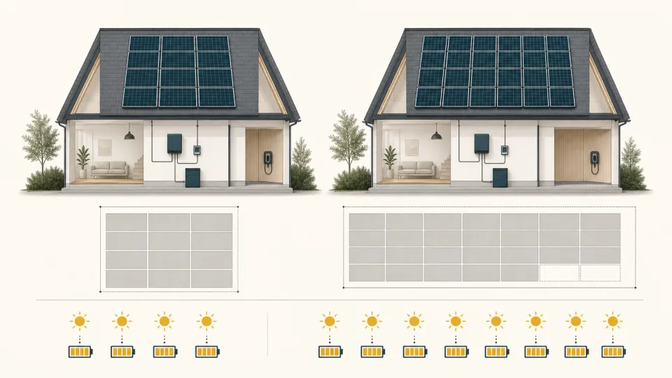 Calcavera comparison of 5kW and 10kW rooftop solar arrays, showing example panel counts, panel footprint and estimated output under identical conditions.