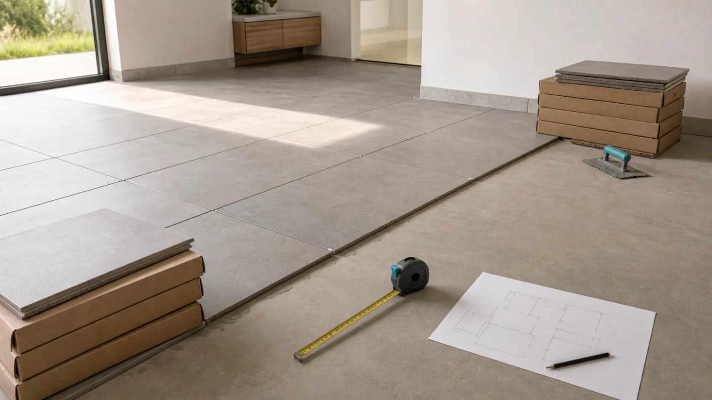 Pièce moderne avec un sol partiellement carrelé, des boîtes de carrelage empilées et des outils de mesure près de la zone de pose.