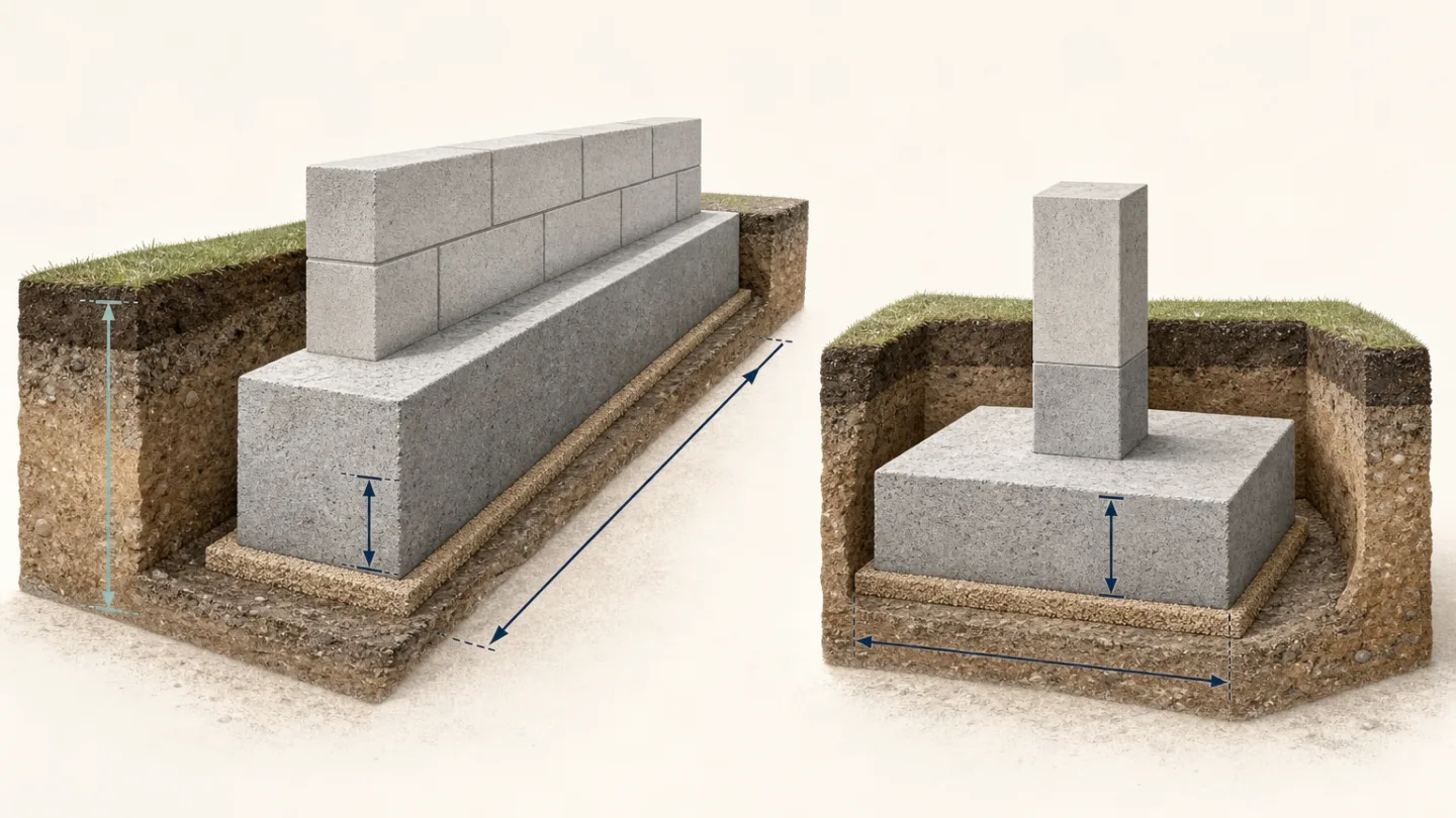 Calcavera diagram showing how footing length, width and concrete thickness determine volume for continuous and isolated footings.