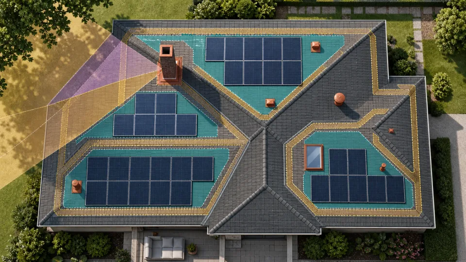 Dachplan mit möglichen Solarflächen, Hindernissen und verschatteten Bereichen zur Einschätzung der nutzbaren Dachfläche.
