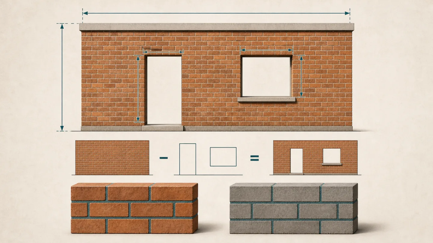Calcavera diagram showing wall dimensions, door and window deductions, and brick and concrete block face modules with mortar joints.