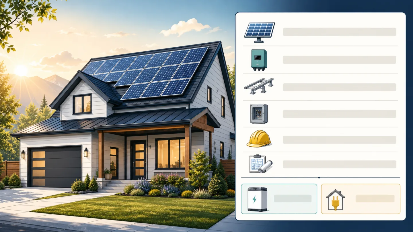 Calcavera diagram showing the components of a residential solar installation budget, with battery storage and roof upgrades priced separately.