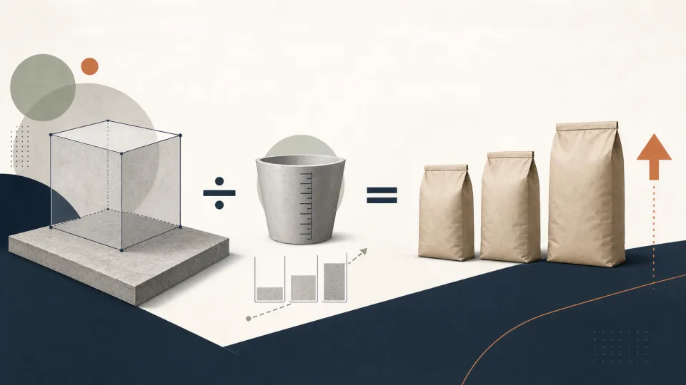 Schéma de calcul du nombre de sacs de béton à partir du volume du projet et du rendement indiqué sur le sac, avec conversions en litres.